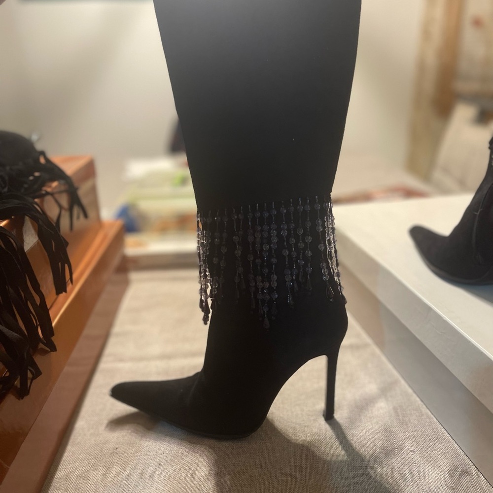 Black Suede Beaded Fringe Stiletto Boot